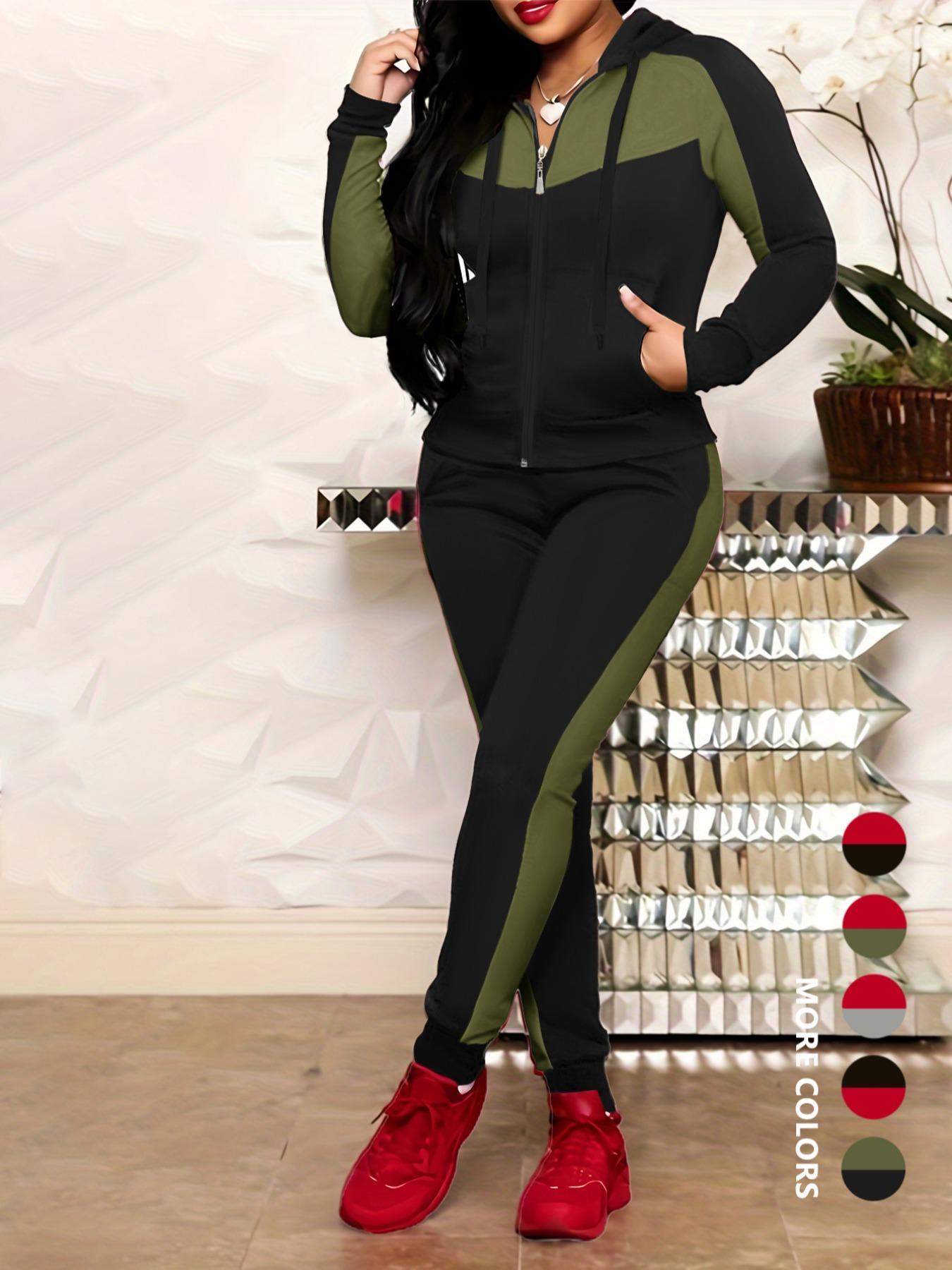 Two-piece Set Women's Colorblock Zip Up Hoodie & Pocket Pants, Casual Matching Set, Long Sleeve Drawstring Hooded Jacket & Trousers for Spring & Fall, Women's Clothes for Daily Wear