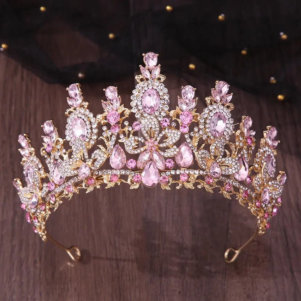 Baroque Alloy Crystal Crown, Romantic Female Tiara with Pink Water Drop Flowers for Weddings - Luxury Hair Jewelry