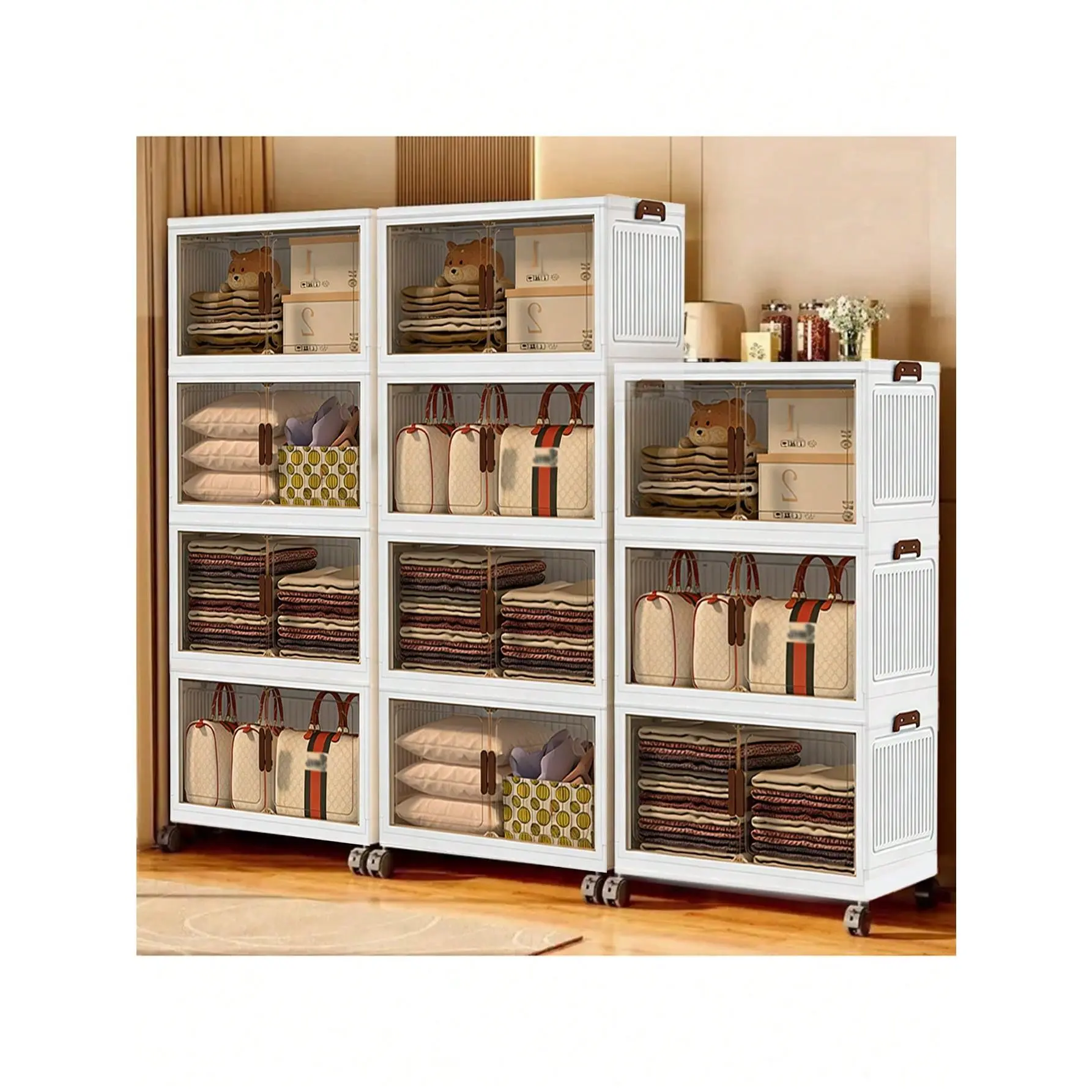 2/3/4/5layers Plastic Storage Bins With Lids Wide Extra Large Storage Cabinet, Collapsible Stackable Containers With Wheels, Foldable Organizer System For Closet, Bathroom, Home, Office, Dorm