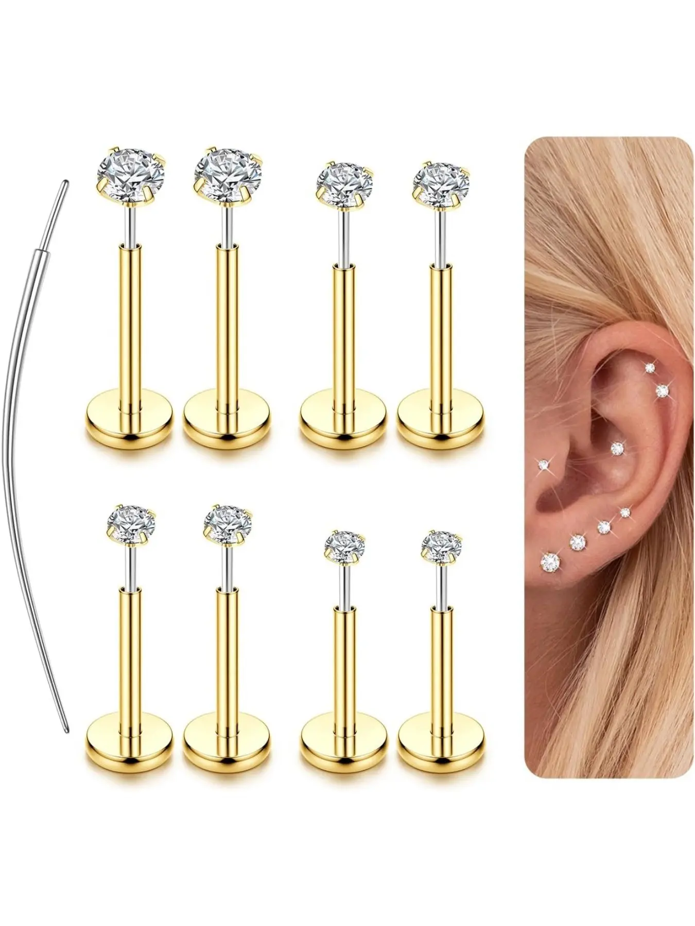 14K Gold Plated 316L Steel Threadless CZ Nose Studs, Ideal for Women & Men, Lip Labret Studs, Flat Back Stud Earrings, Hypoallergenic Body Piercing Jewelry for Nose, Tragus, Helix and Cartilage, Body Jewellery, 16/18/20G