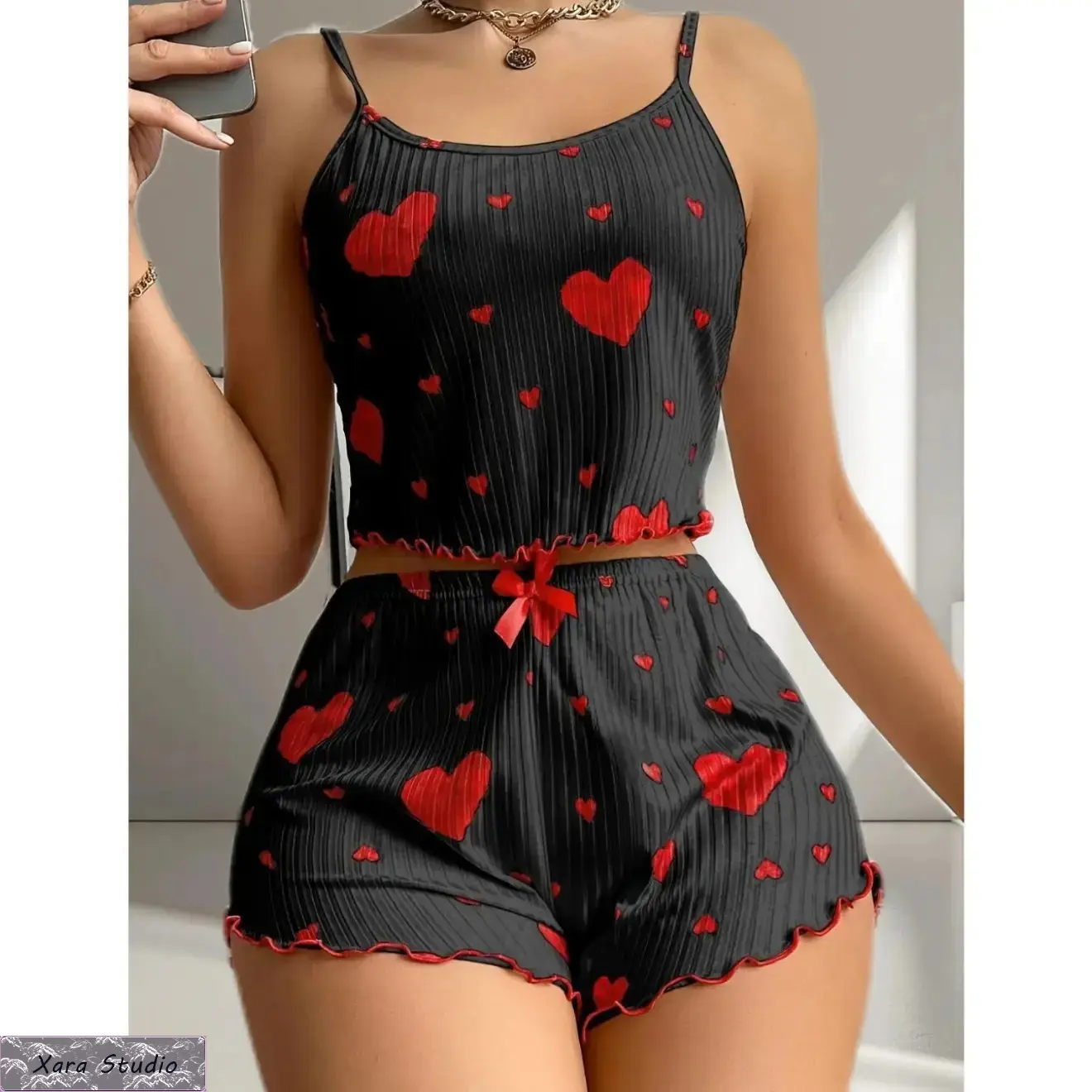 Women's Casual Cami Set, Heart Print 2 Piece Pajama Set with Shorts, Soft Lightweight Sleepwear for Summer Lounging, 2 Piece Set, Spaghetti Strap