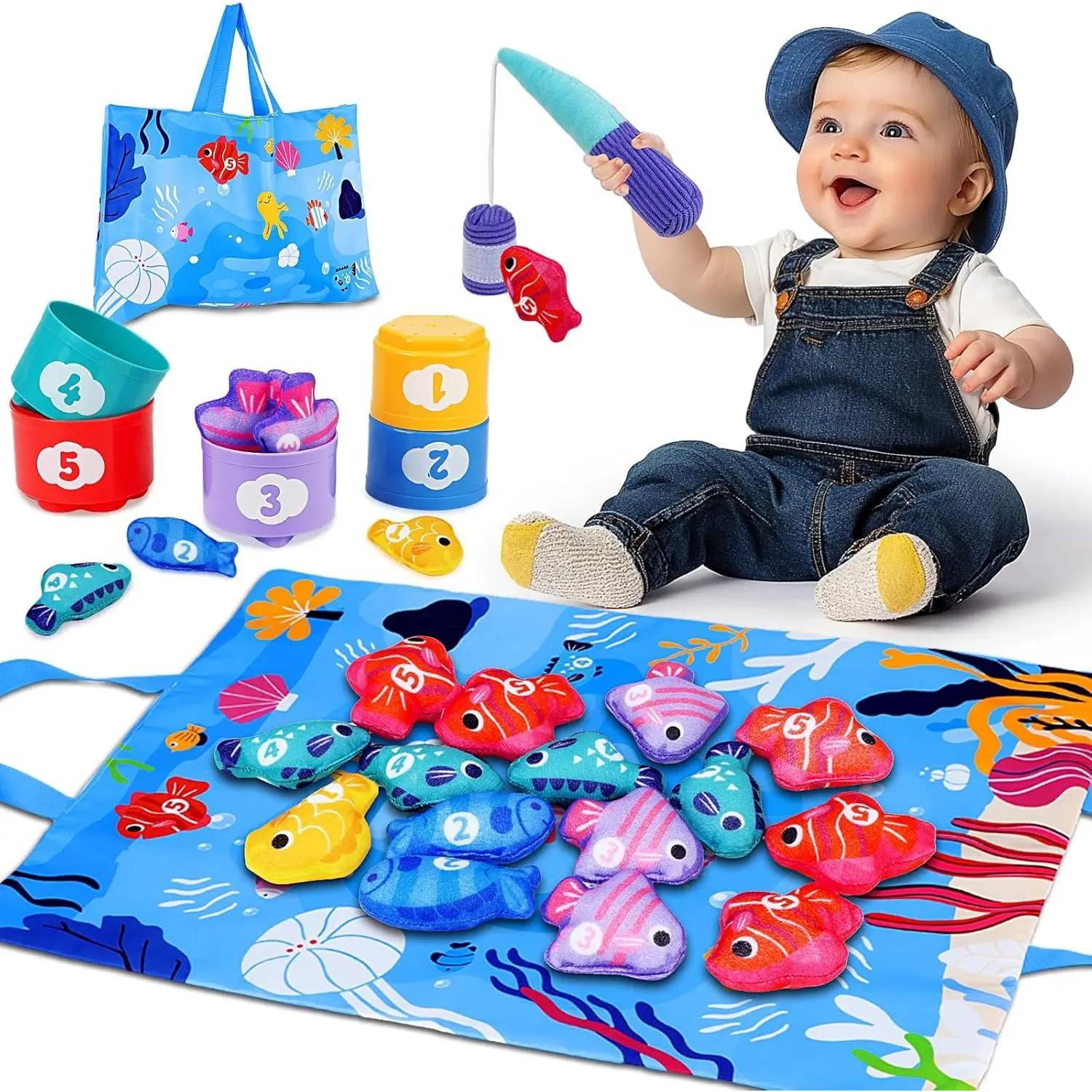 Montessori Toys  1 Year Old - Cloth Fishing Game with Stacking Cups Toddler Toys  One Year Old Boy Girl First Birthday Gift - Sorting Learning Baby Toy 12-18 Months 1 2 Year Old New model