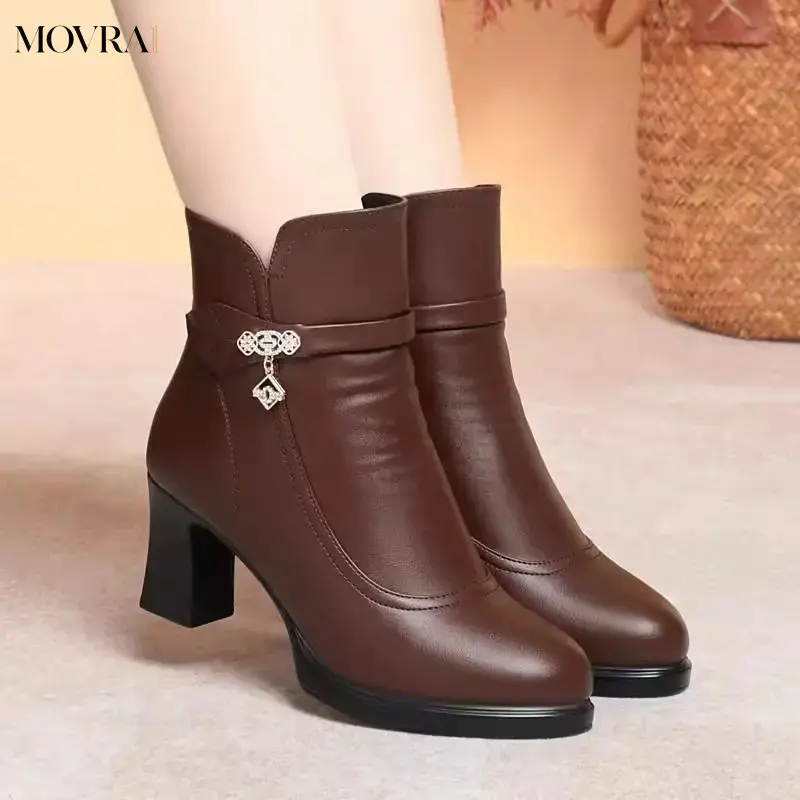 MOVRA1 Women'S -Encrusted Round-Toe Block Heel Ankle Boots with Zipper Closure & Plush Lining - Mid-Heel Winter Boots in Rich Brown, Faux Cover Upper & Rubber Sole, Elegant Casual to Semi-Formal Outfits Autumn/Winter, Comfortable & Durable Design