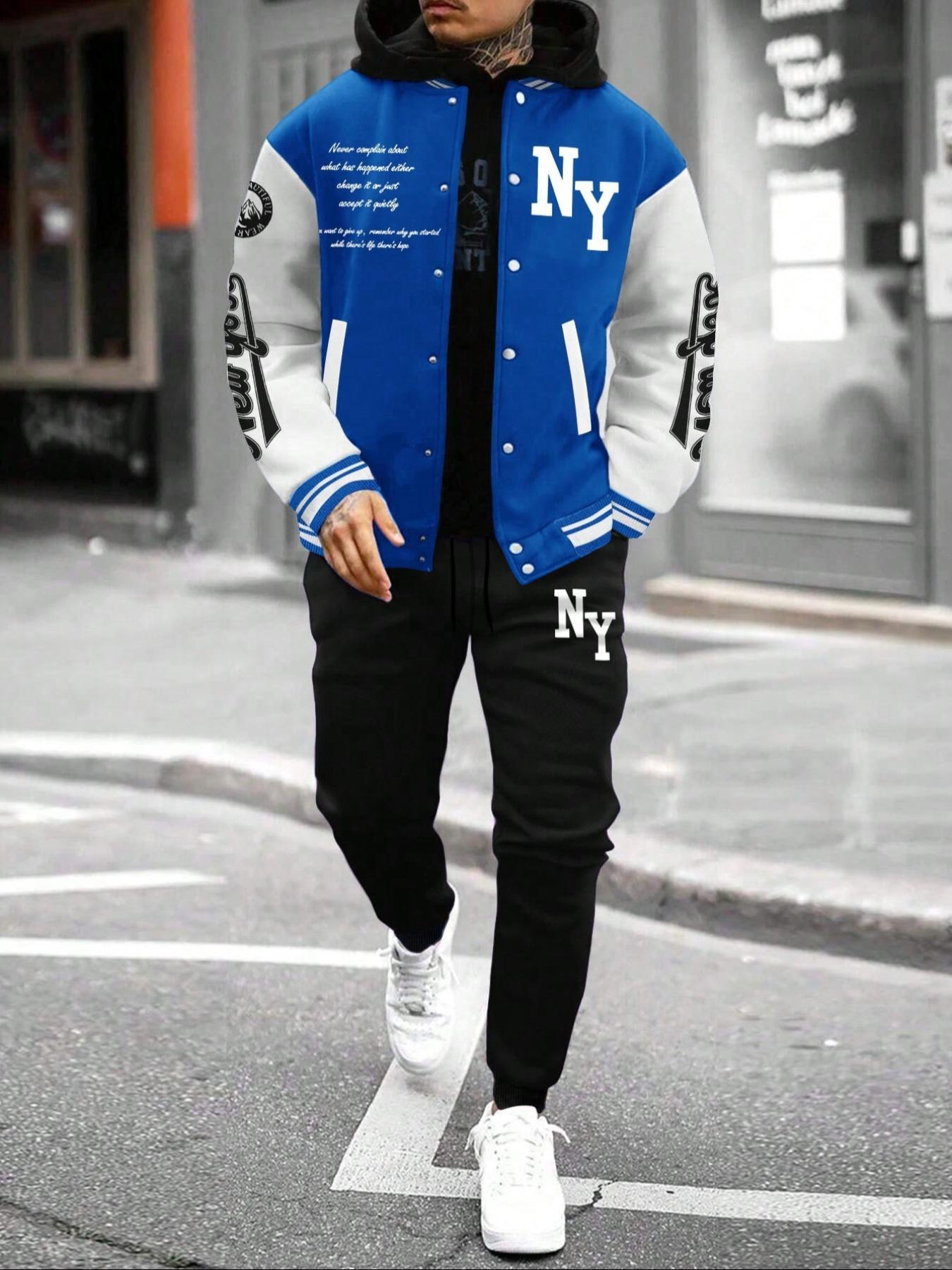 Men's Letter Print Slogan Baseball Jacket & Pants Two-piece Set, Loose Casual Long Sleeve Baseball Collar Outerwear & Trousers for Daily Wear, Men's Two-piece Outfits for Fall & Winter