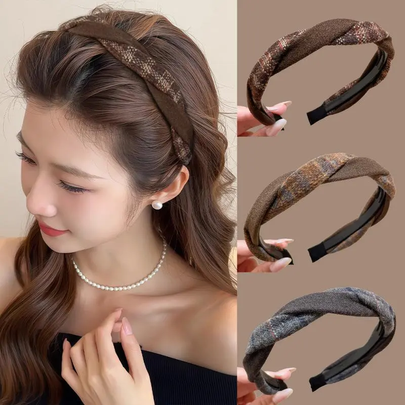 Vintage Tweed Plaid Twisted Anti Slip Teeth Wide Headband Thick Woven Fabric Hair Hoop Women Autumn Winter Office Commute Hair Accessory, 1 #Deep Coffee - Twill Plaid Crossed Headband