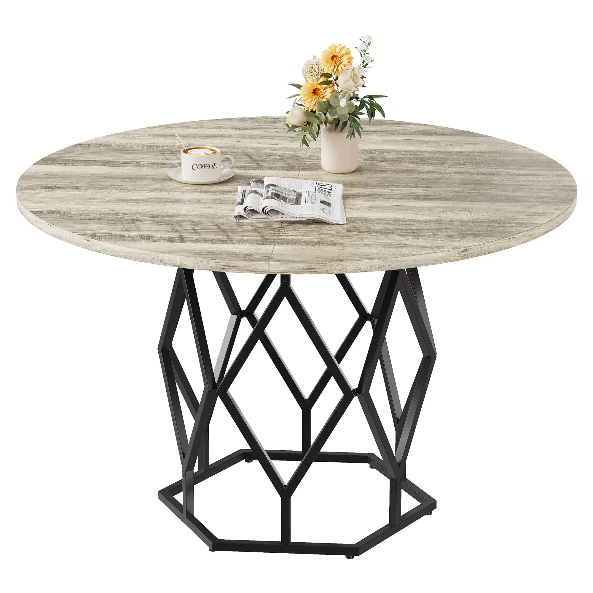 GARVEERound Dining Table for 4-6 People, 47 Inch Farmhouse Kitchen Table with Modern Circular Design, Sturdy Iron Base, Industrial Wood Dining Room Table in Grey and Brown