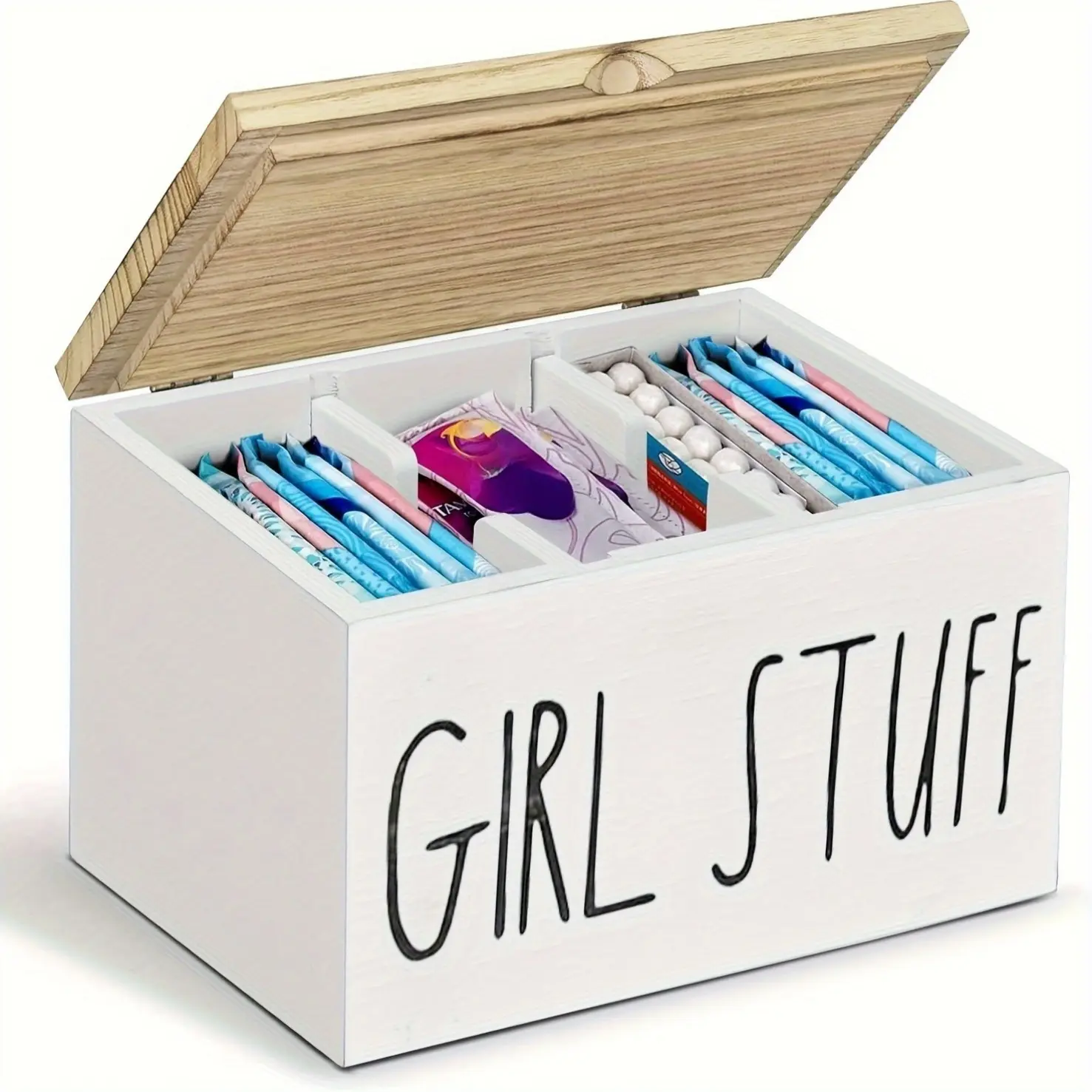 A modern-style wooden bathroom storage box with a lid—suitable for organizing feminine products and toiletries—featuring removable dividers; a multifunctional 3-compartment accessory box that serves as both a storage and decorative piece.