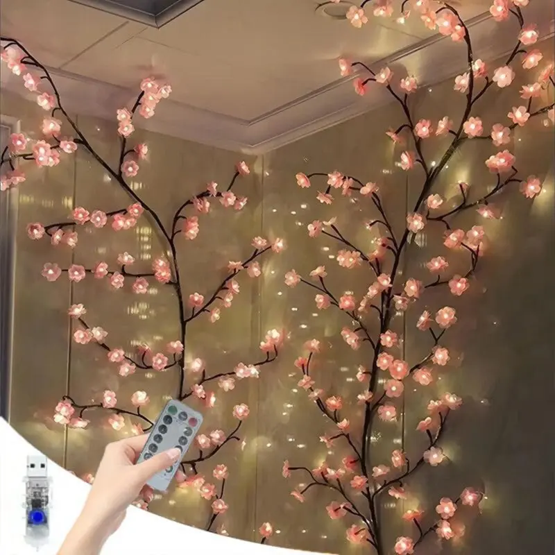 96/144-LED Flexible Pink Cherry Blossom Vine Light String, 90.55-Inch Woven Branch Decorative Light Strip, 8 Modes Indoor Use, Perfect for Home Ambiance, Parties, Festivals, Birthdays, and Thanksgiving Decorations