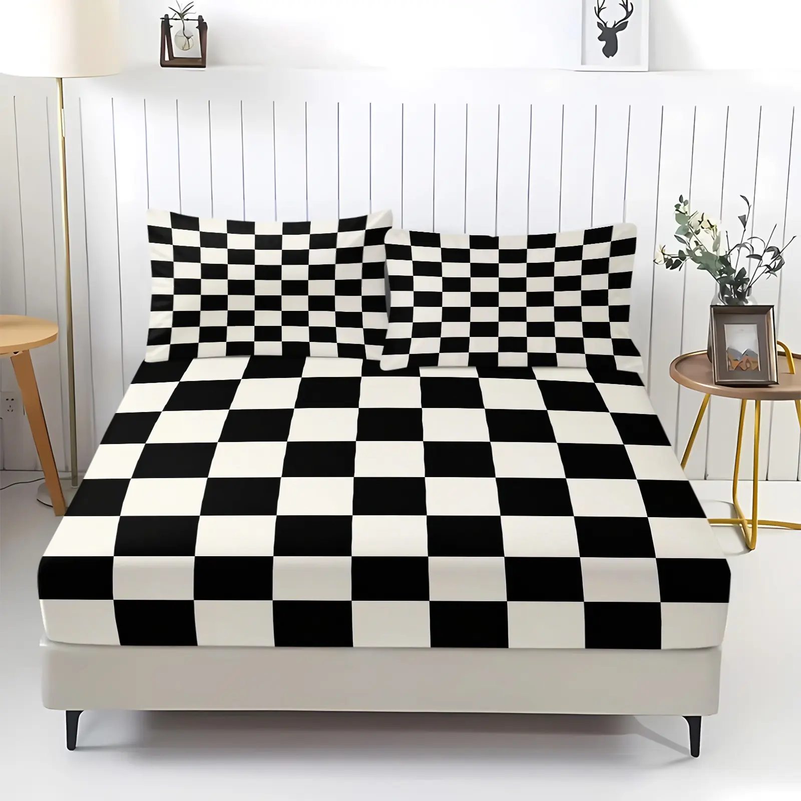 Checkered Plaids Fitted Sheet Set 3 Pcs,White and Black Checkerboard Bed Sheet with 2 Pillowcases,Geometric Grids Squares Abstract Soft Bedding Set,Polyester Bedding Set(No Flat Sheet)