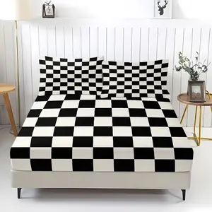 Checkered Plaids Fitted Sheet Set 3 Pcs,White and Black Checkerboard Bed Sheet with 2 Pillowcases,Geometric Grids Squares Abstract Soft Bedding Set,Polyester Bedding Set(No Flat Sheet)