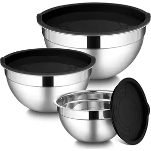 3-Piece Stainless Steel Kitchen Mixing Bowls Set with Lids, Graters, Whisk and Lock Design - Essential Bakeware for Baking, Cooking