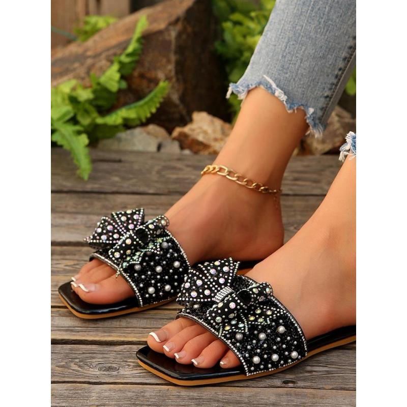 (New)Women's Rhinestone Decorated Bowknot Design Slides, Casual Comfortable Square Toe Slippers for Summer, Fashionable Slides for Indoor & Outdoor Wear, Shoe