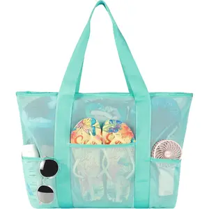 Mesh Beach Bag, Large Bag with Zipper Beach Bags for Women Waterproof Sandproof with 5 Pockets GreenGift