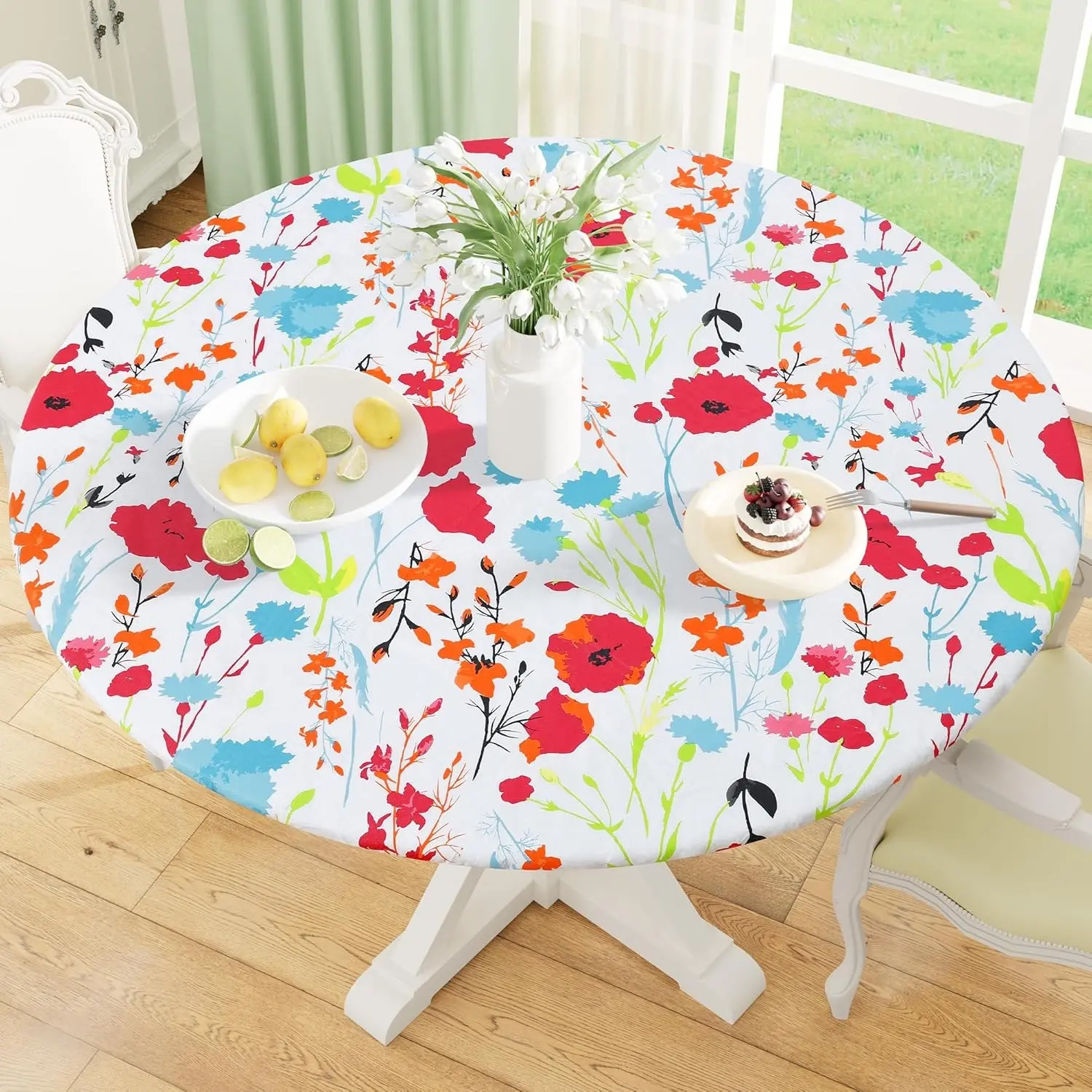 Round Fitted Tablecloth with Elastic Edge, 100% Waterproof Oil Proof Plastic Table Cover, Vinyl Flannel Backed Tablecloth Fits 36"-44" Round Tables for Dinner, Outdoor, Picnic, Flowers