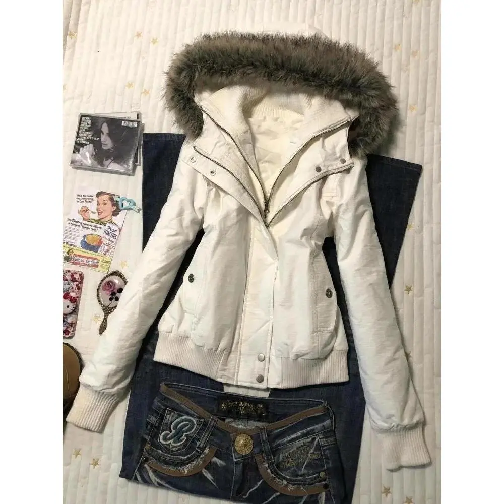 Autumn Winter American Retro White Fur Collar Hooded Jacket Women Y2k Harajuku Vintage Slim Coat Elegant Street Fashion Outwear