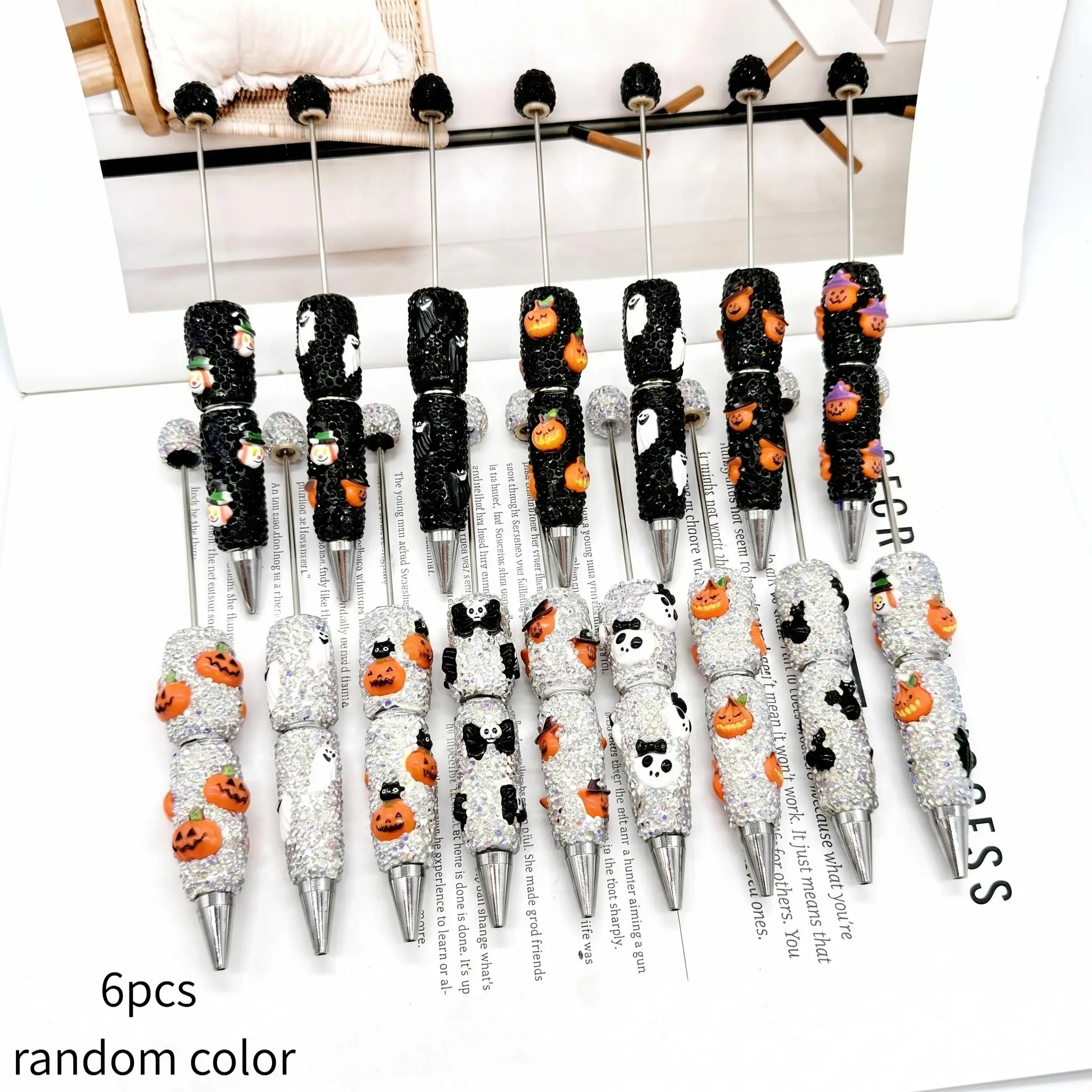 6pcs DIY Halloween Beaded Pens, Pumpkin Ghost Cat Rhinestone Pens, Cartoon Cute Beads Ballpoint Pens, Handmade Rhinestone Festival Stationery Gifts, Character Beaded Pens