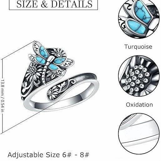 Vintage bohemian turquoise dragonfly sunflower wrap ring for women