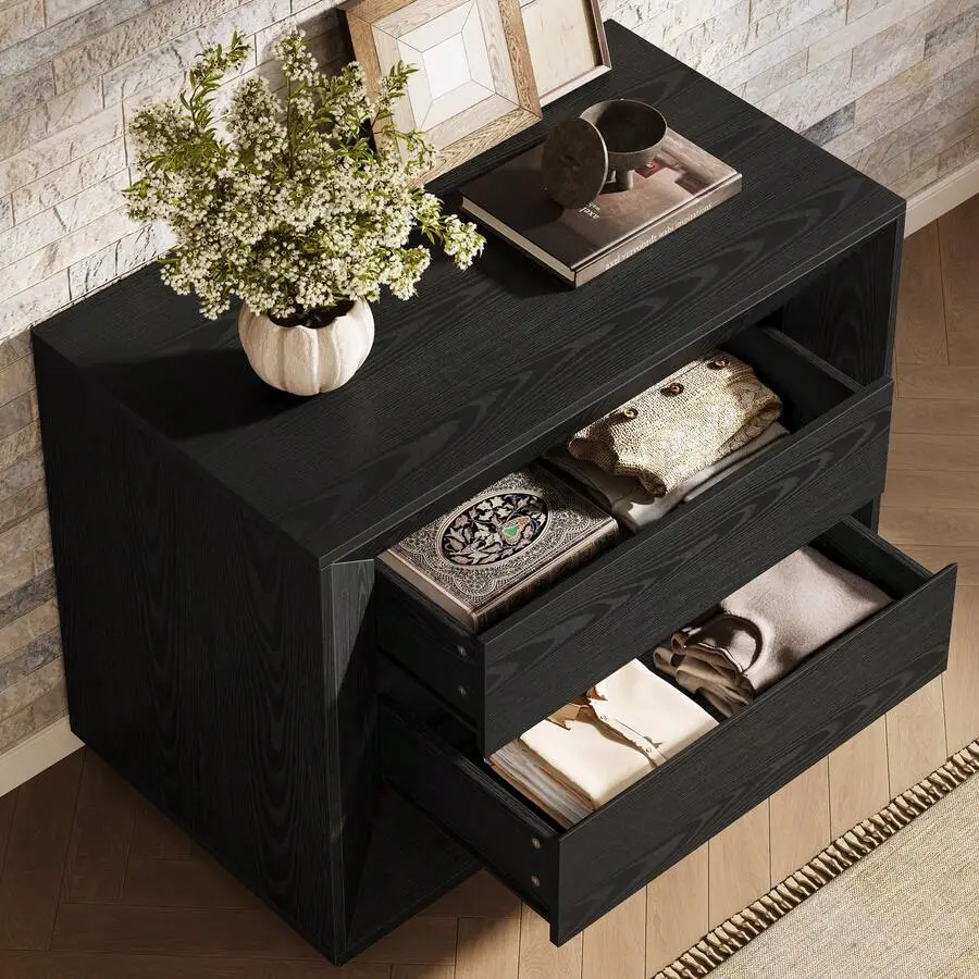 35.43" Wide Nightstand, Oak Large Night Stand With Drawers, Farmhouse Oversized Nightstand Bedside Table, Sofa Side End Table Bedroom, Living Room, Black