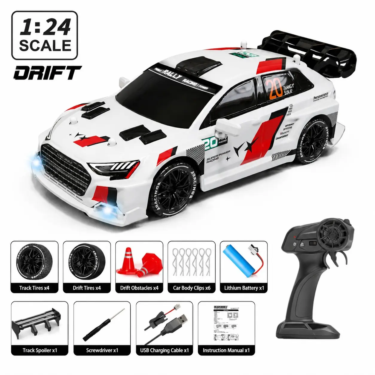 1:24 RC Controlled Drift Car 4WD High Speed Stunt Rally Car, 360° Spin, Includes 8 Drift/Track Tires, Road Cones & Screwdriver, USB Rechargeable, Christmas Gift
