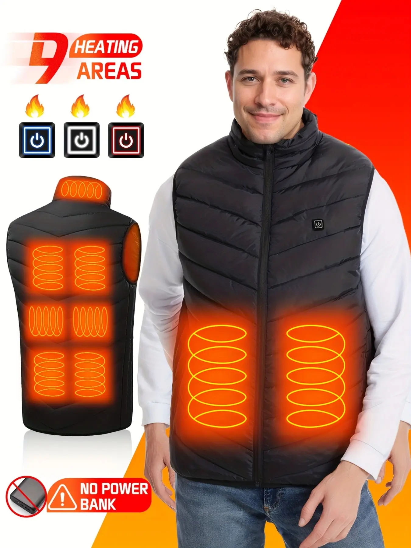 9-Zone Heated Unisex Vest, USB Rechargeable Electric Jacket, 3-Temperature Settings, Lightweight Sleeveless, Winter Commute & Hiking