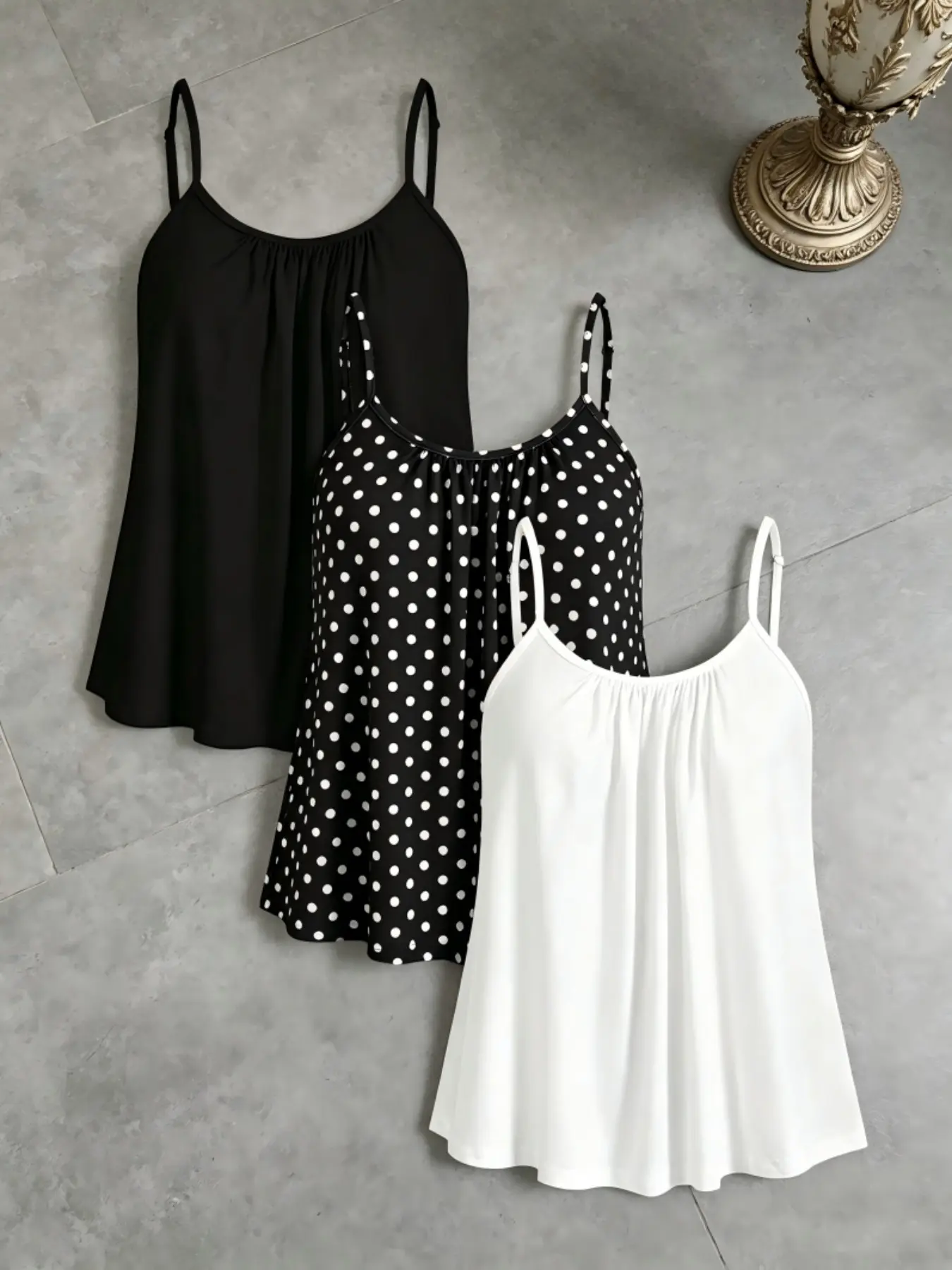 Summer Adjustable Strap Fashion Casual Loose Top, Medium-Length Polka Dot Solid Color Conceal Fat Simple Top, Three-Piece Set