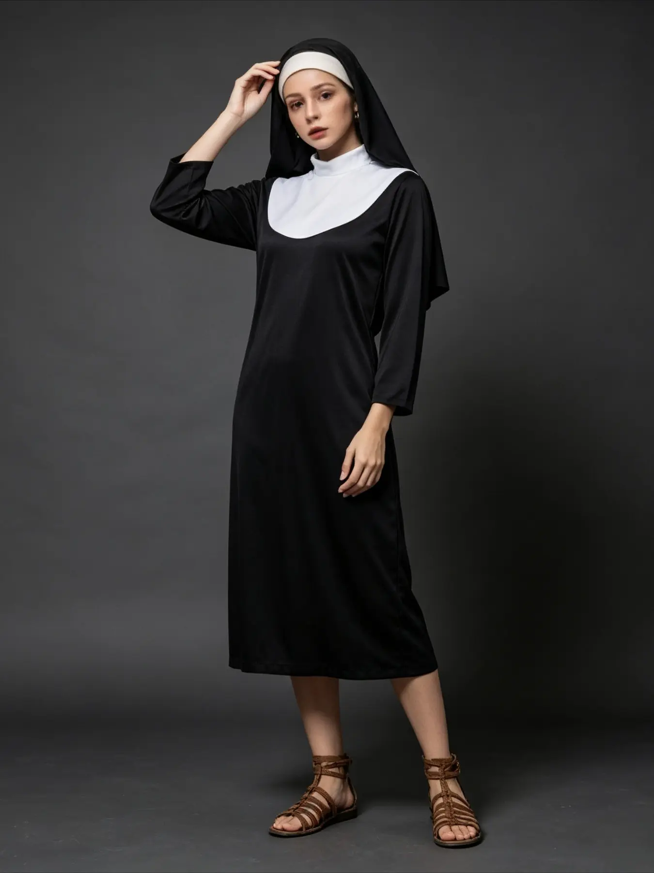 Traditional Nun Costume Long Dress With Headwrap Halloween Party Cosplay Stage Show Wear