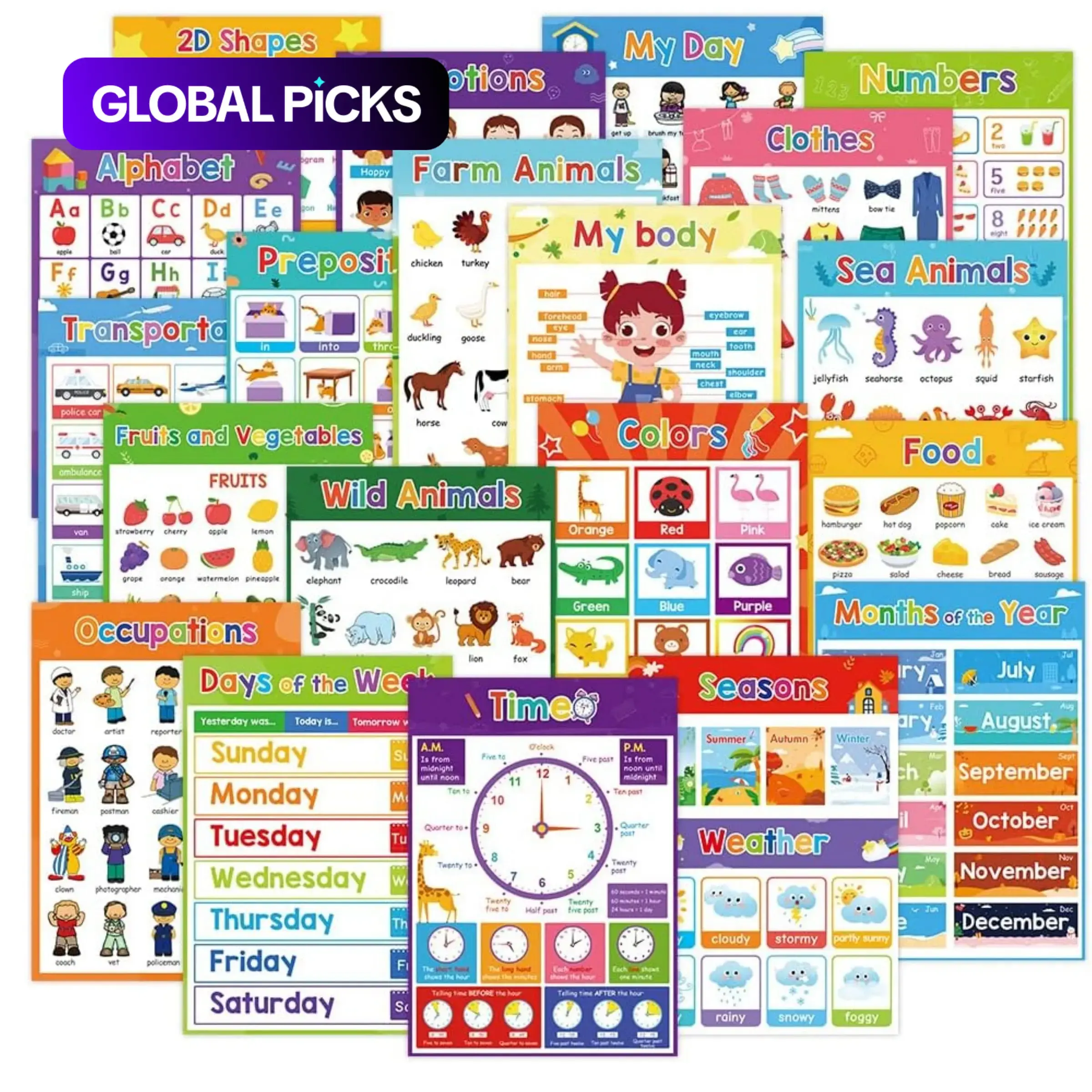 English Word Study Picture Poster, 20 Sheets/set Animals Fruits Food Bodies Themes Teaching Aids, Classroom Decorations, School Supplies, Classroom Supplies Charts, Visual Learning Tools, Learning Materials, Elementary School #GLOBAL PICKS