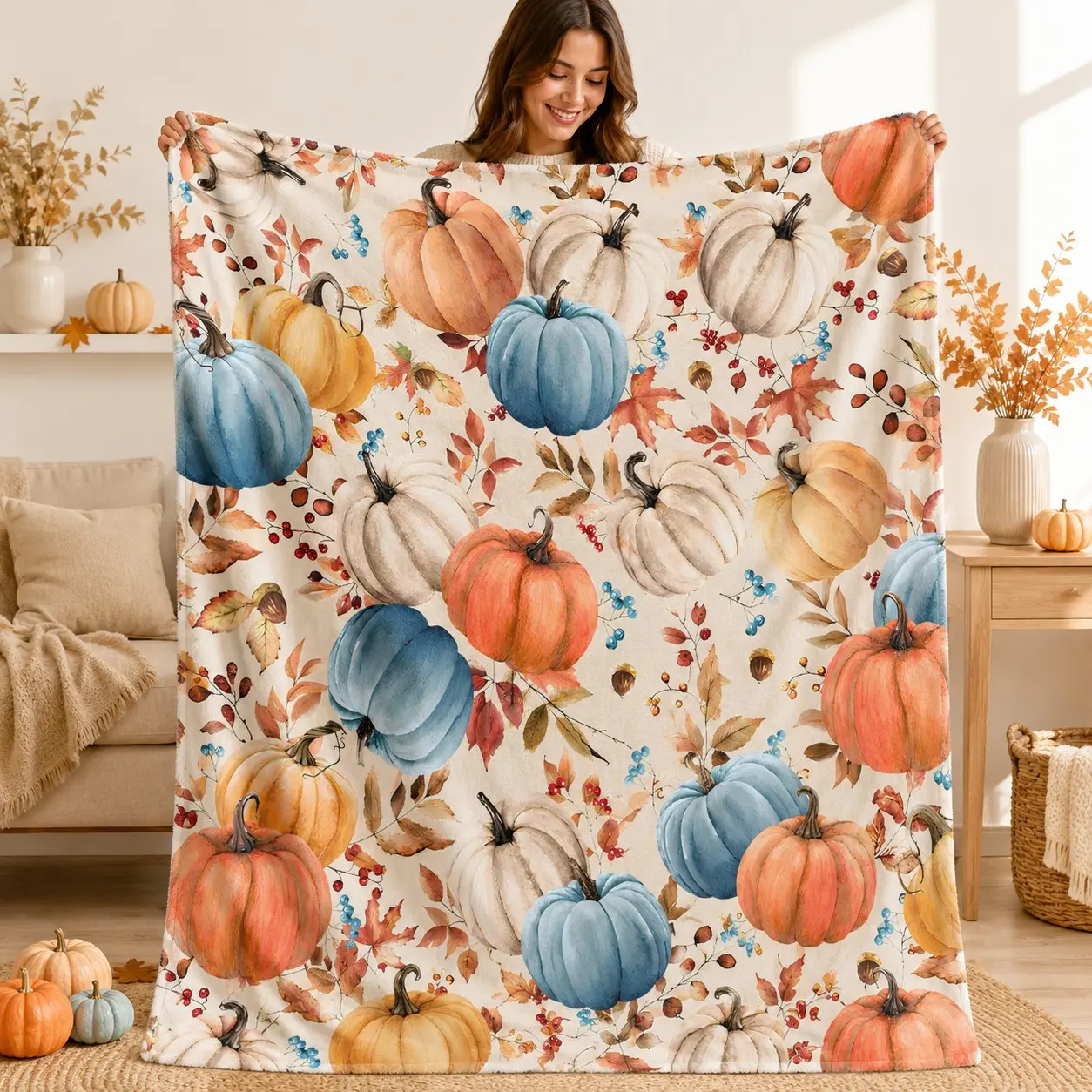 1pc Watercolor Multi-color Pumpkin Autumn Leaves Seamless Pattern Flannel Blanket, Printed with Blue Orange White Pumpkins, Fall Leaves & Berries, Soft Warm Nap Throw for Sofa Bed Office Camping, Thanksgiving Gift