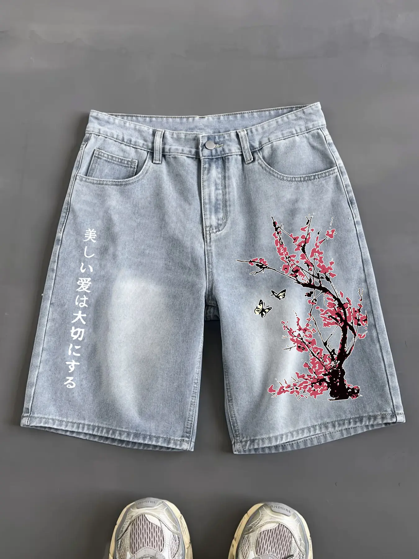 Men's Design Cherry Blossom Pattern Jeans Shorts, American High Street Trendy Mid-Length Pants, Unisex Appeal Streetwear Fashion