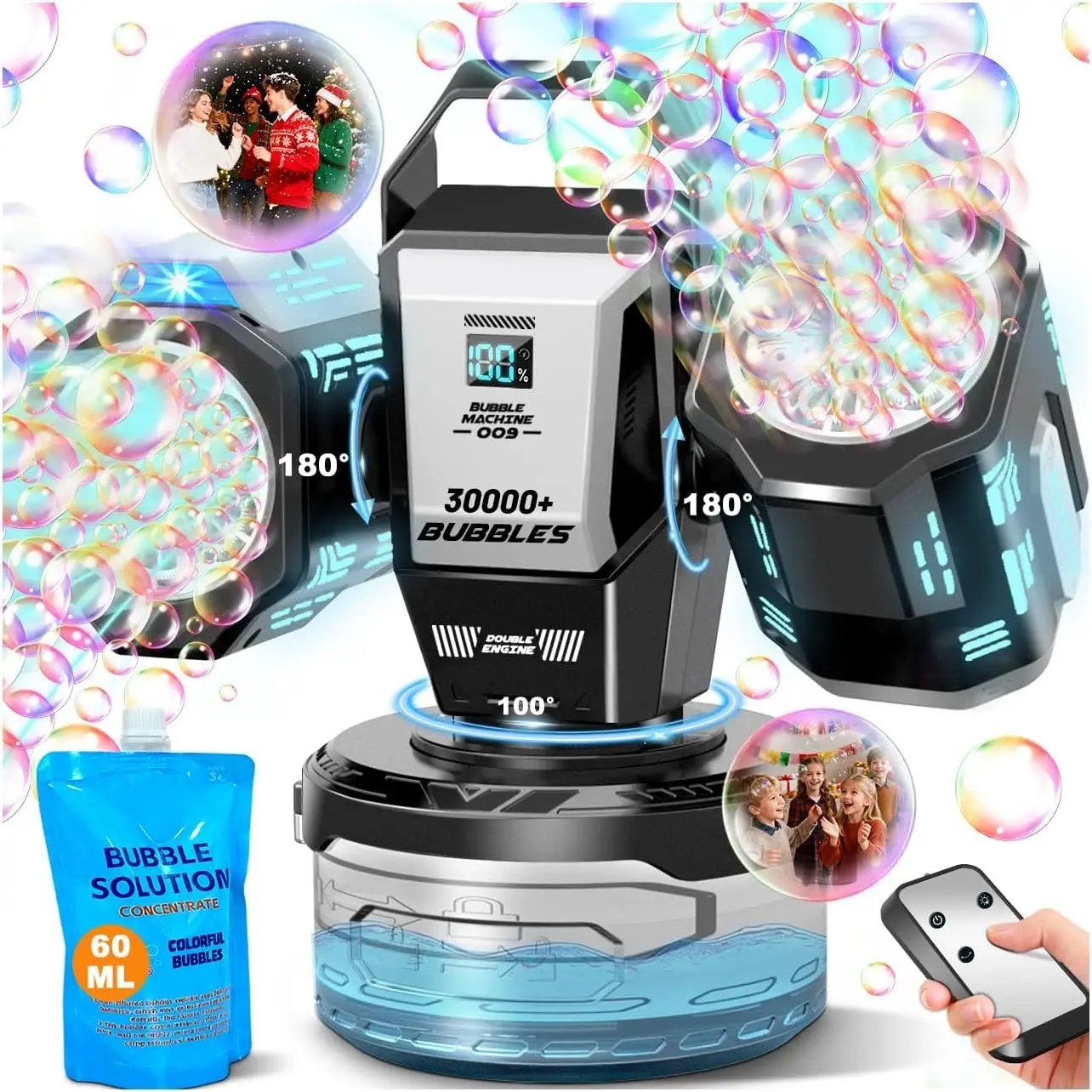 Dual-Head Rechargeable Bubble Machine with RGB Light and Remote Control, 360° Rotating High Multi-Bubble Output, 30,000 Bubbles/Minute, Multifunction Bubble Maker and Blower for Weddings, Parties and Outdoor Activities #GLOBAL PICKS