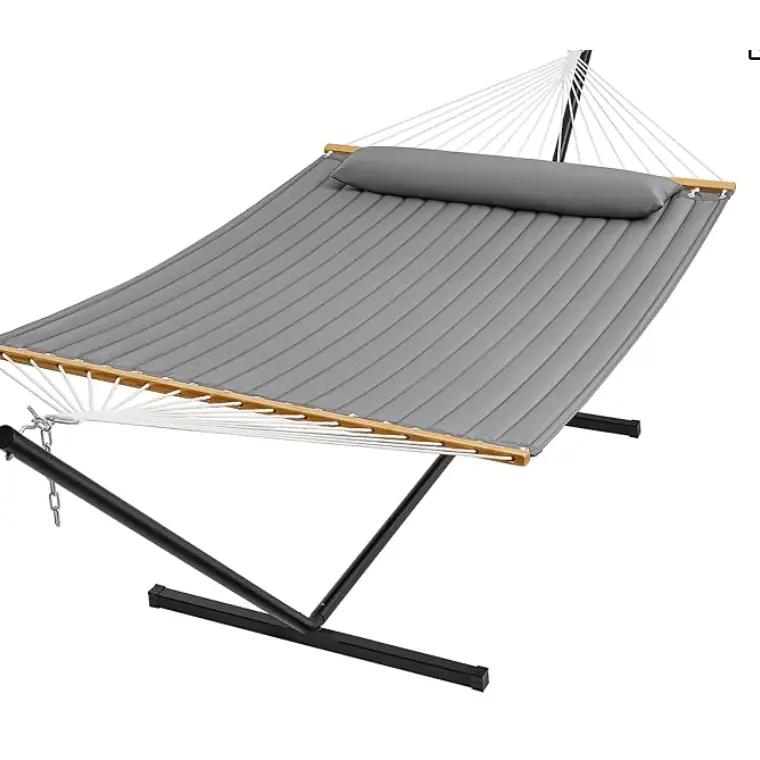 Heavy Duty Double Hammock with Adjustable Steel Stand – Flat Wooden Frame, Portable 2 Person Outdoor Hammock, Supports Up to 450lbs, for Patio, Garden, Beach, and Backyard