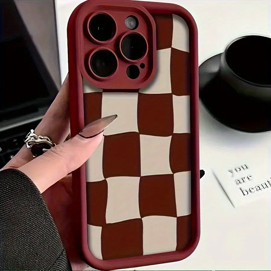 Vintage Wine Red Irregular Checkerboard Soft TPU Phone Case, Phone Accessories for iPhone Series (X, XS, XS Max, 11, 12, 13, 14, 15, 16, 17, Plus, Pro, Pro Max, Mini) – Shockproof, Raised Camera Lens Protection, Anti-Scratch Cover, Fits iOS Devices