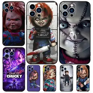 Chucky doll horror movie themed phone case, compatible with iPhone 11–17 Pro Max/Plus series and Samsung Galaxy S23–S25 series, made of black soft transparent silicone.