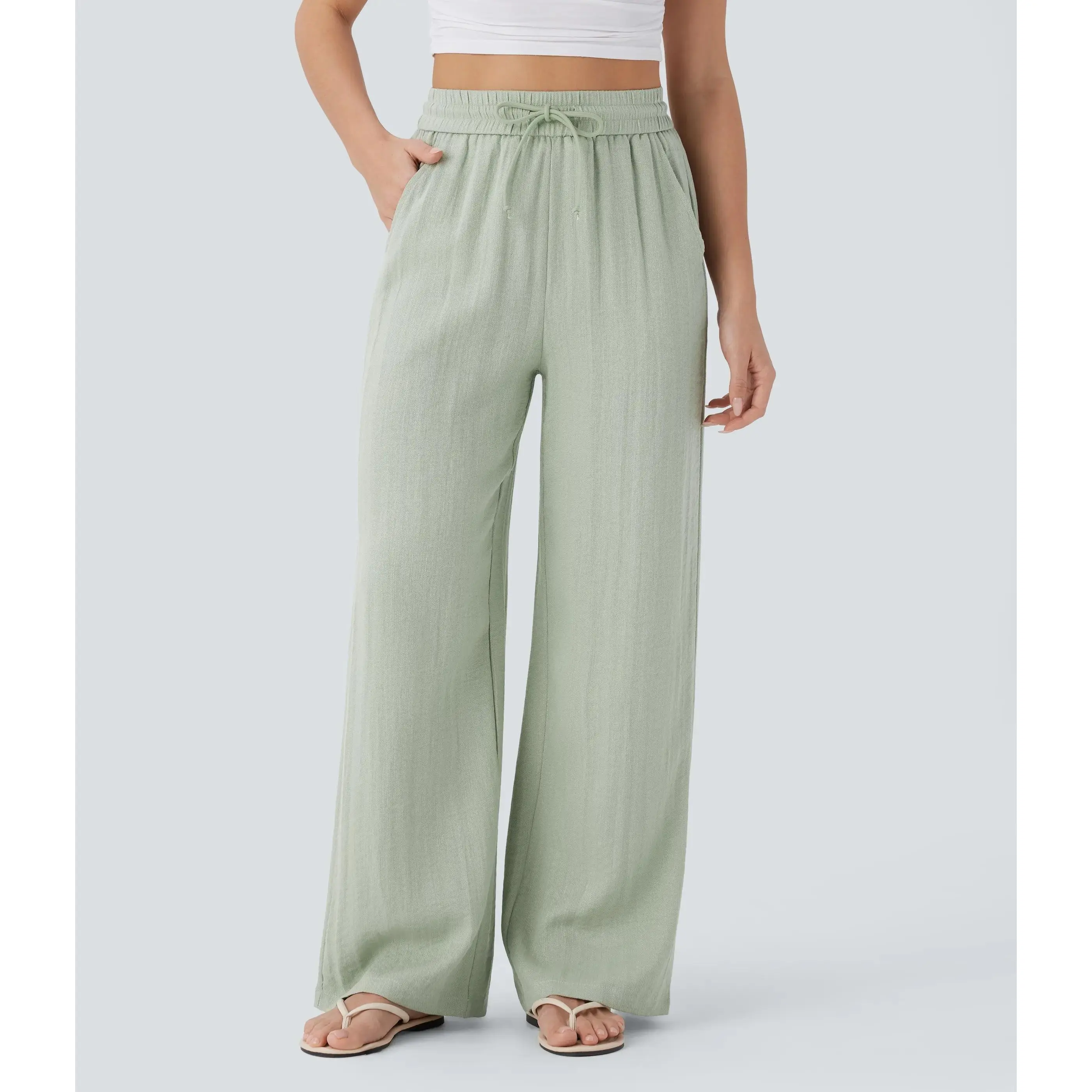 Women's High-Waisted Elastic Band Viscose Blend Linen-Feel Pants, Multi-Size Drawstring Side Pockets Wide Leg Baggy Casual Bottoms for Yoga, Wide-Leg Pants