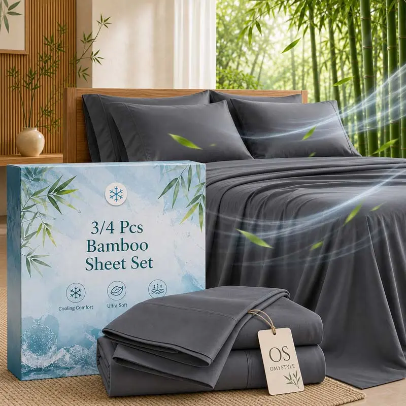 OS OMYSTYLE Deep Pocket Bamboo Bed Sheet Set, Built-Extreme Cooling Feel, Ultra-Smooth Touch, Buttery Soft with Cozy Feel, 16-Inch Deep Pocket Fitted Sheet Design, Breathable And All-Night Dry, for Hot And Kids Sleepers, Bedroom Decor And Additions