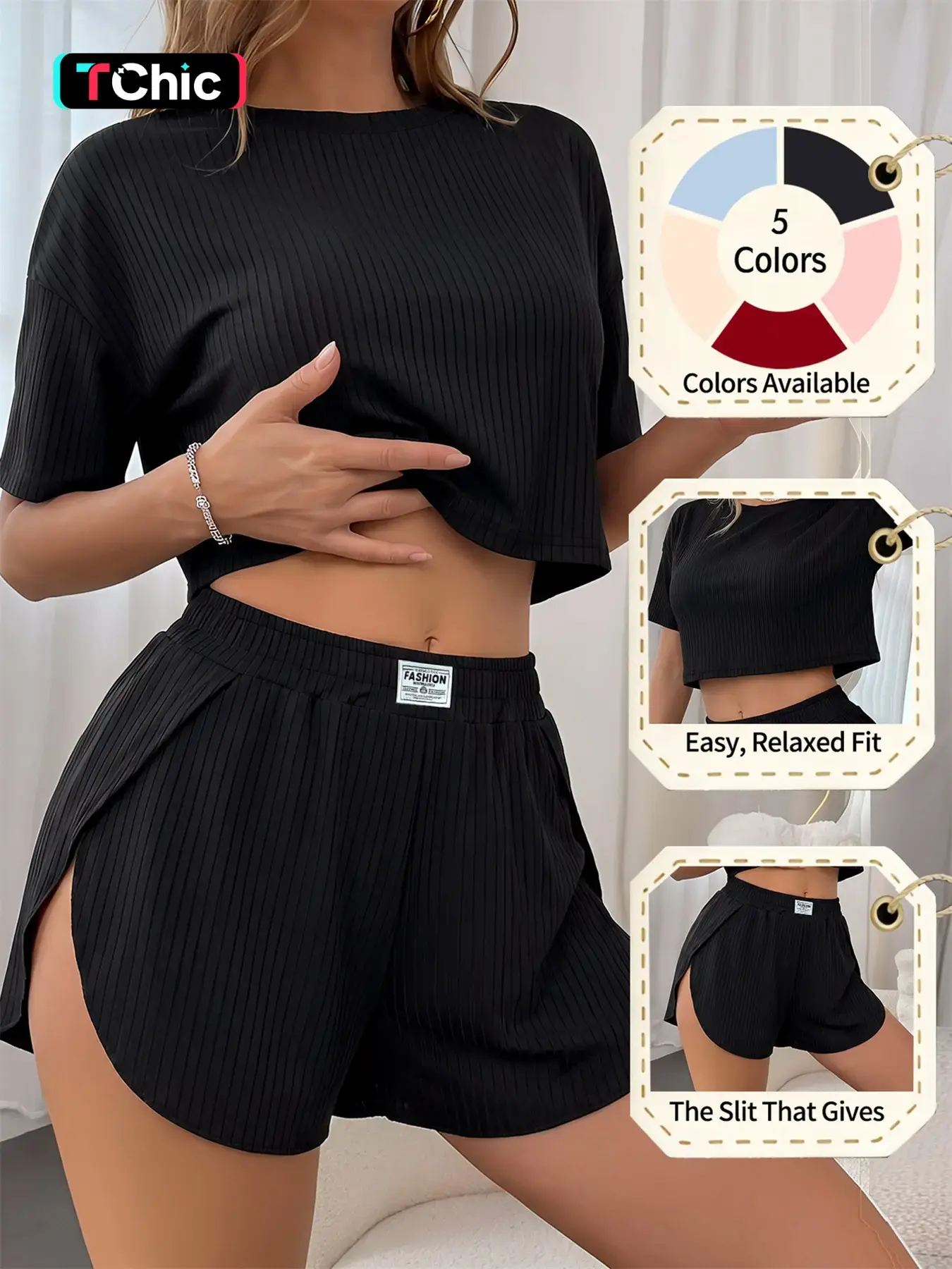 Women's Spring Summer Pajama Set, Plain Fitted Casual Sleepwear Loungewear, Short Sleeve Top and High Split Shorts, Comfortable Home, Ribbed