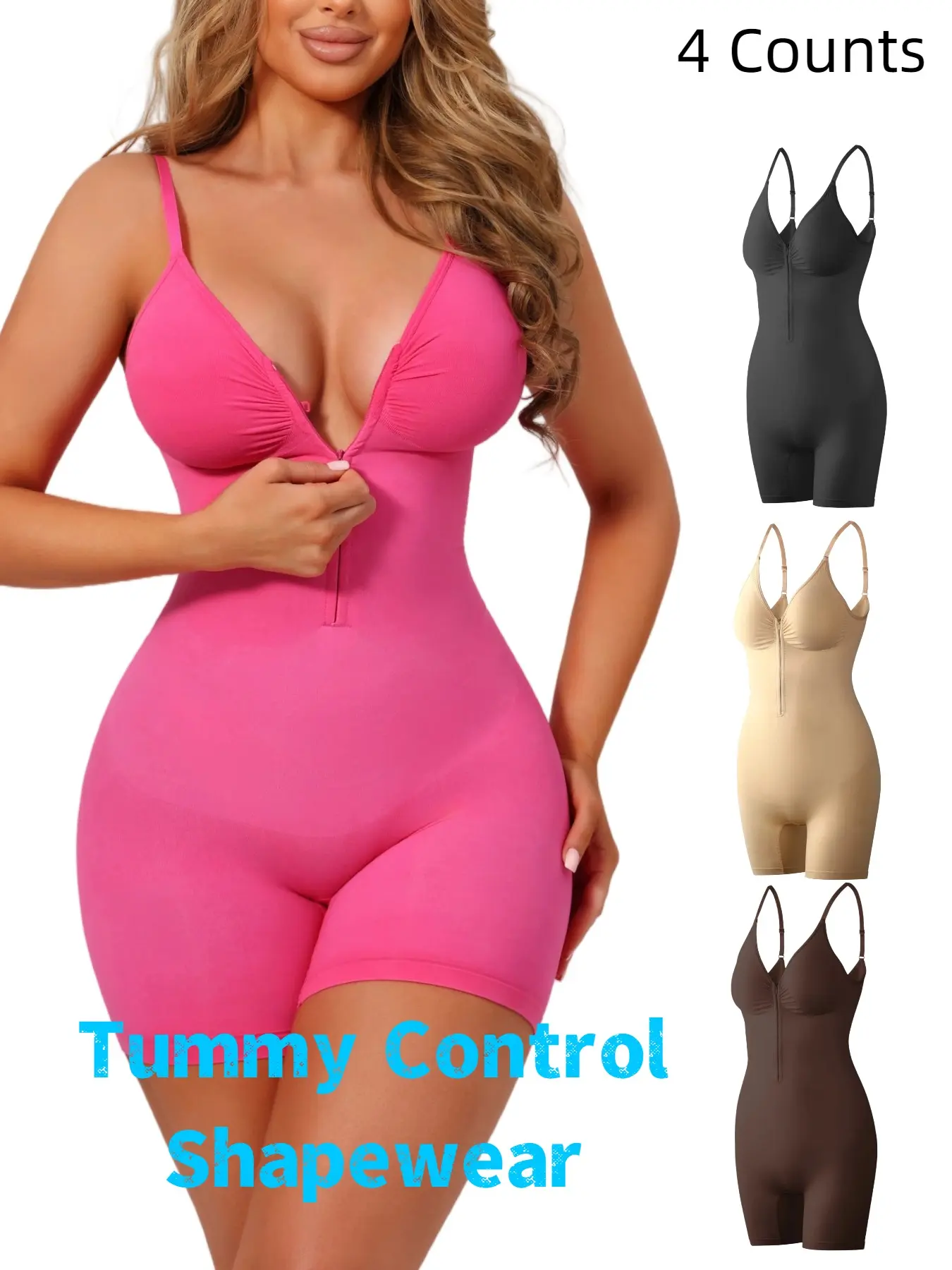Women's Seamless Shapewear Bodysuit, Front Zipper Full Body Suit, Tummy Control Butt Lifting, All Seasons Wearable