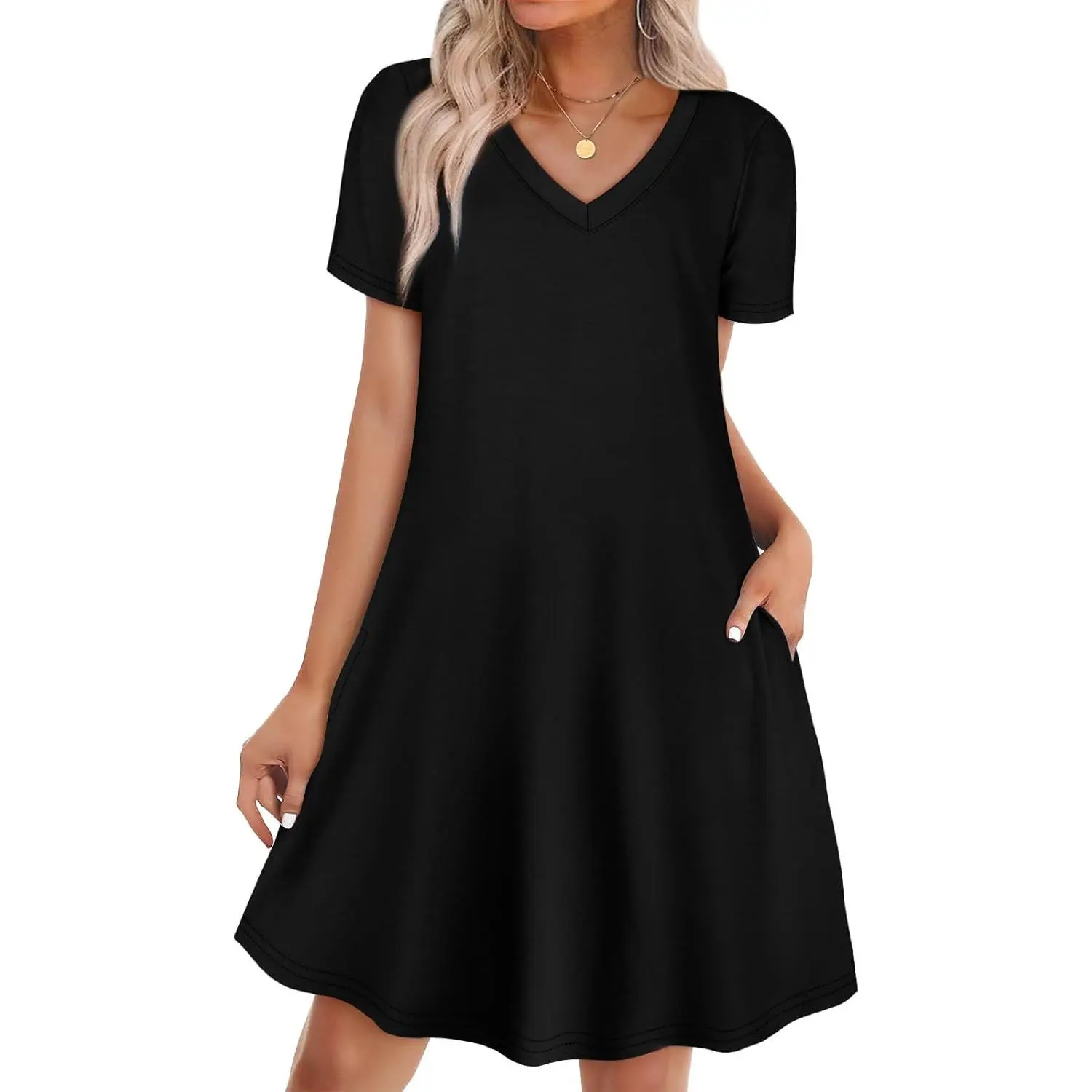 Lady's Boho Chic Short-Sleeve T-Shirt Dress Set - Casual Loose, Soft, Stretchy, Breathable, Fashion, Pockets, Drape, S-4XL, Matching Hat, Cardigan, Leggings, School & Beach Vacation Essential, Everyday Comfort