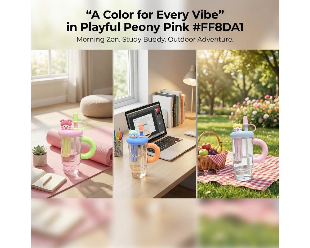 900ml High-Capacity Straw Tumbler Cute 3D Character Lid & Large Handle Portable Water Bottle with Built-in Tea Filter BPA-Free Heat-Resistant Cup for Iced Tea & Coffee Aesthetic Color-Blocking Drinkware