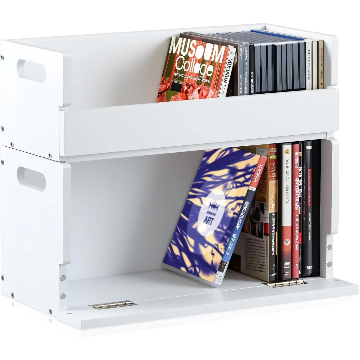 White Wooden Media Storage Box Set (2 Pcs) - Home Use Stackable Organizer with Carrying Handle, CD/DVD/Cassette Tape Display Stand Rack, Holds Up to 36 CDs & 26 DVDs Each for Movie Cases, Cabinet