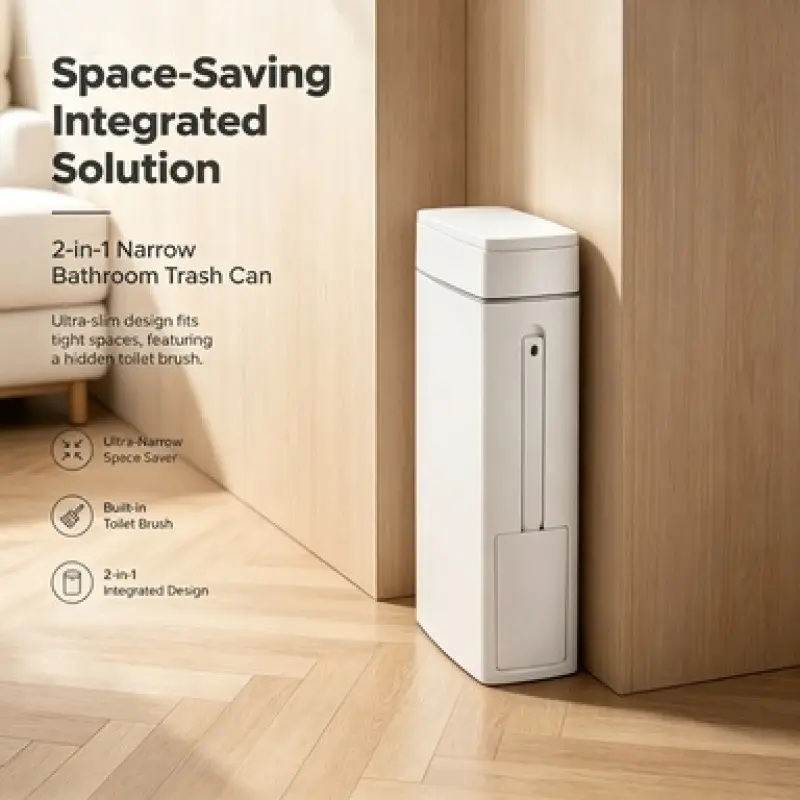 Modern Slim Vertical Bathroom Trash Can with Integrated Toilet Brush Storage, Compact Size for Tight Spots, Narrow Trash Can, Garbage Can Bathroom, Great for Studio Apartment Indoor Bathroom Sanitary Use