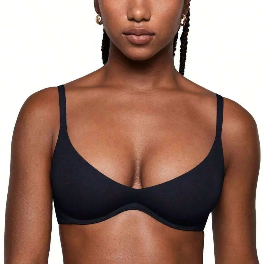 Women's High-Stretch Soft Plush Cotton Fabric Wired Demi Cup Bra - Unlined, Plunge V-Neck, Crop Style, Adjustable Straps, Hook-and-Eye Closure, No Padding, Everyday Comfort Fit for Low-Cut Tops (Do Not Iron)