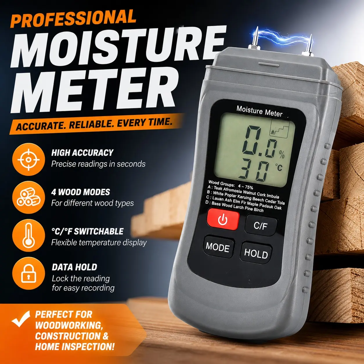 Professional Wood Moisture Meter, Pin-Type Wall Leak Detector, Backlit LCD Display, Multi-Function Probe, Ceiling Moisture Tester