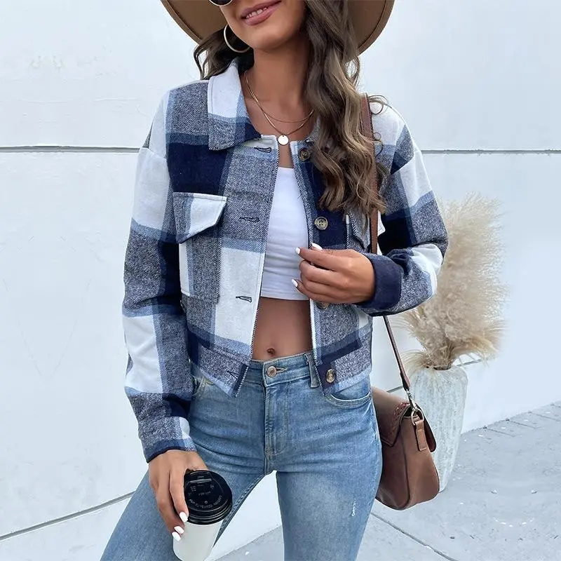 Flannels for Women Cropped Shacket Jacket Fashion Plaid Button Down Shirt  Fall Coat Tops