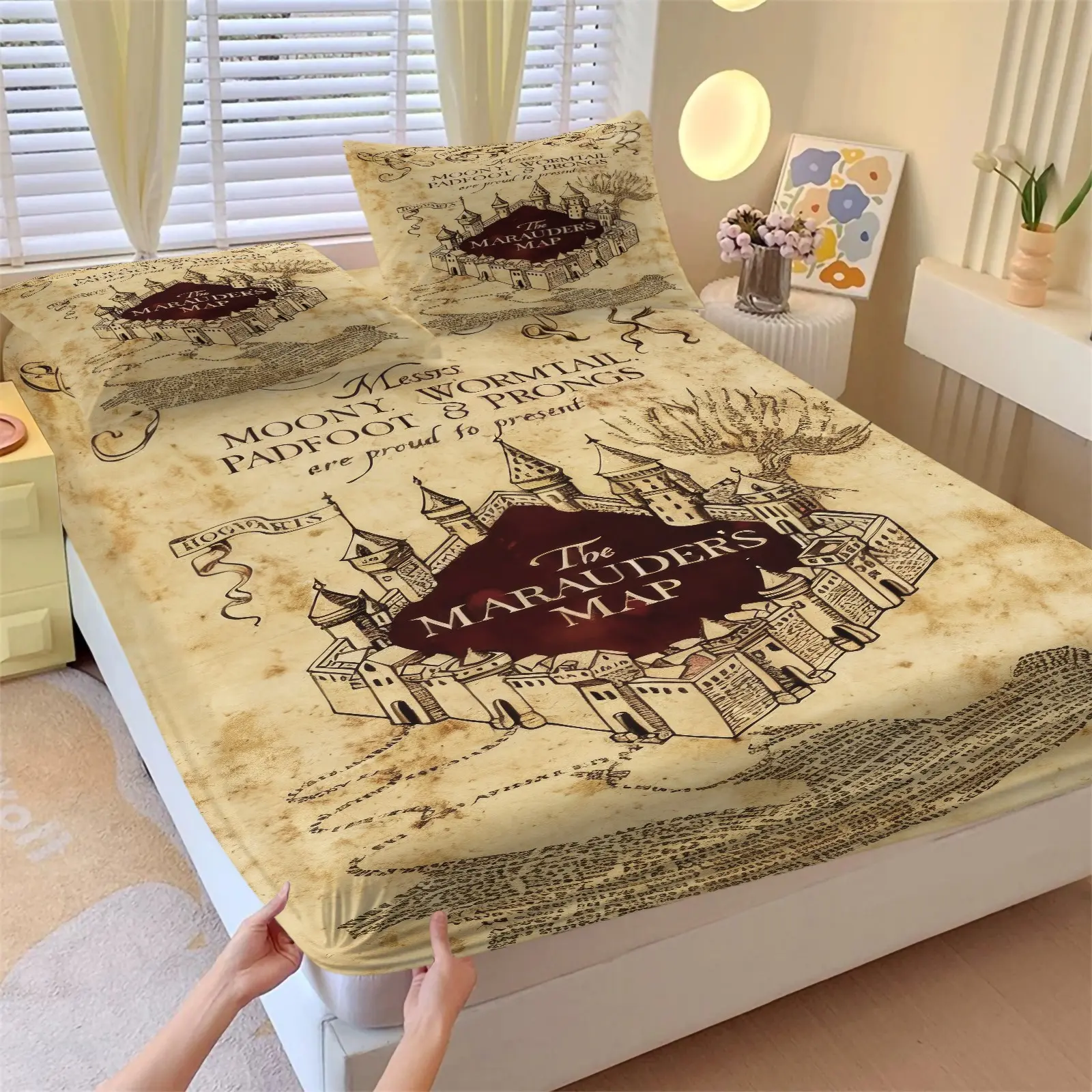 3Pcs Skin Friendly Microfiber Brushed Microfiber Bedding Stretch Deep Pocket Marauders Map Vintage Style Fitted Sheet Set Stain Resistant Elastic Mattress Cover With Pillowcases Cool Unique Wizard Themed Bedroom Makeover Bedding