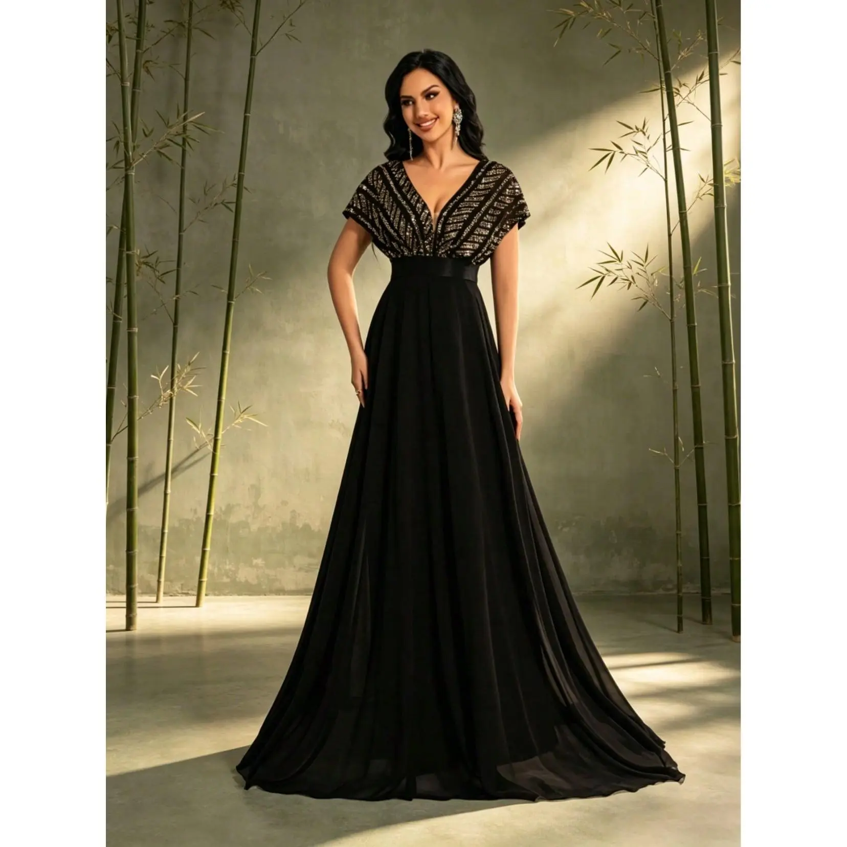 Elegant Black V Neck Batwing Sleeve Sequin Chiffon Floor Length Formal Gown, Soft Evening Dress For Women Wedding Guest & Prom Occasions
