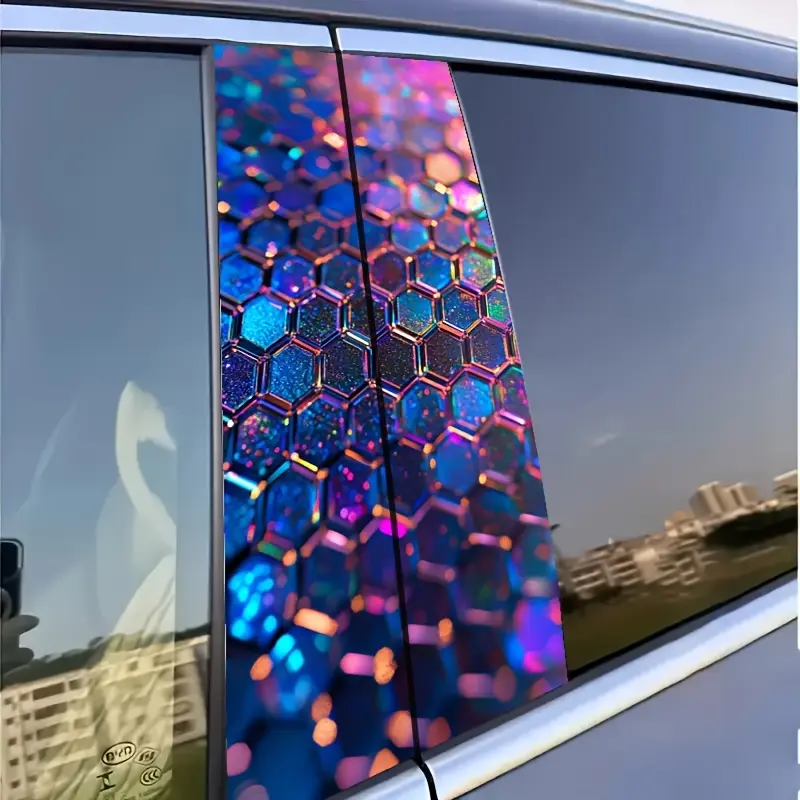 Two Pieces of Holographic Hexagonal Car B-Pillar Stickers - Rainbow Blue/Purple/Red/Pink/Teal/Pink Glitter PVC Decals, Self-Adhesive, Waterproof, And Scratch-Resistant Window-Style Decorations, Suitable for Cars, Trucks