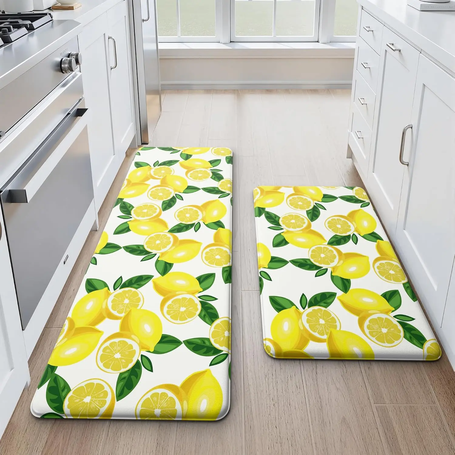 Lemon Kitchen Mat Set of 3 - Anti Fatigue Mats for Kitchen Floor - Non Slip Cushioned Rugs for Standing - Lemon Decor (16"×24"+20"×31"+17"×47") White