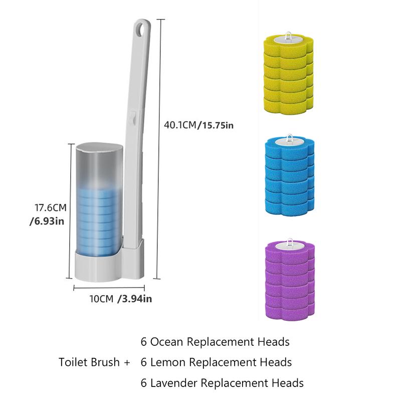 Disposable Toilet Brush Set with Scented Replacement Heads Lavender Ocean Lemon Fragrant Tablet System for Deep Cleaning Hygienic Bathroom Maintenance Multi-Layer Head Brush Refill and Cleaner - Floral, Traditional