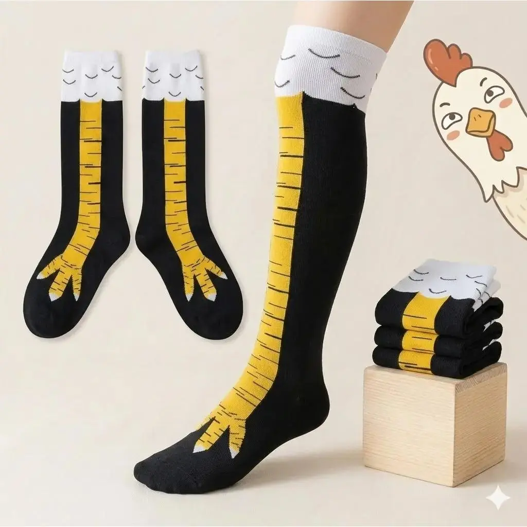 Funny Chicken Feet Socks for Women Men -2 Pairs Novelty Cartoon Animal Print Over the Calf Crew Socks, Soft Knit Fun Casual Indoor Outdoor Wear
